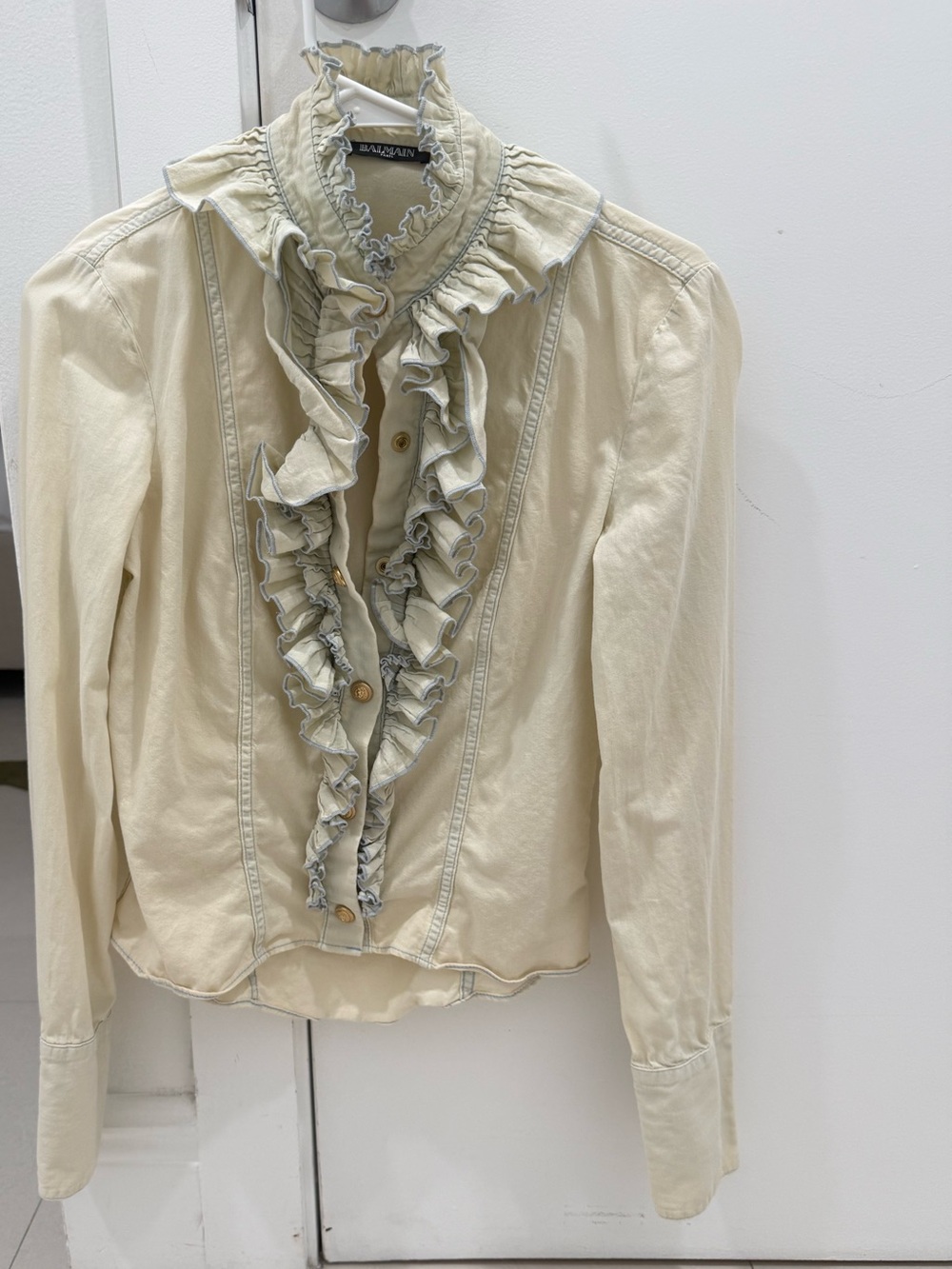 Balmain Cream Blouse with Blue-Trim and Gold Buttons